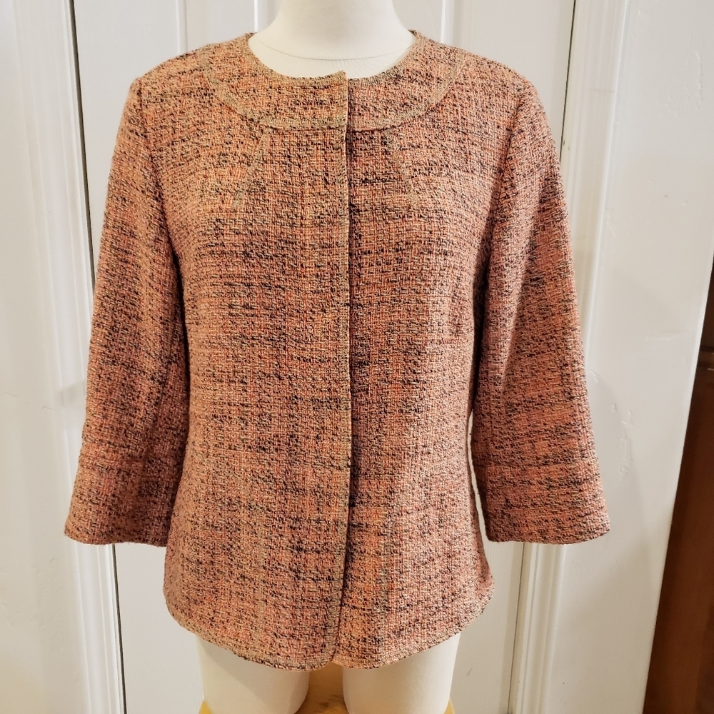 J. Jill Coral Tweed Textured Quarter Sleeve Snap Button Front Blazer Siz…